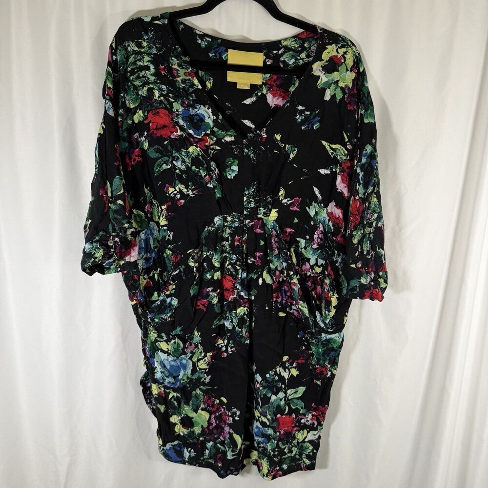 Maeve Blouse Women's XS Black Floral Vneck 1/2 Sleeve Pockets Lightweight